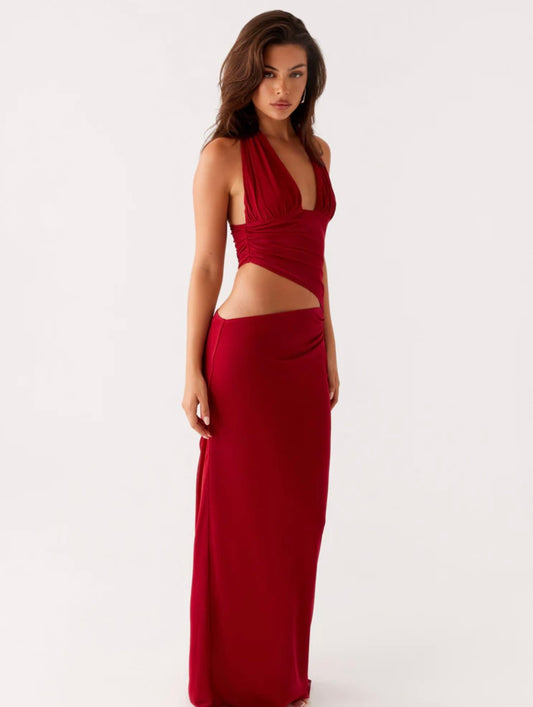 Main Act Halter Maxi Dress Rapsberry