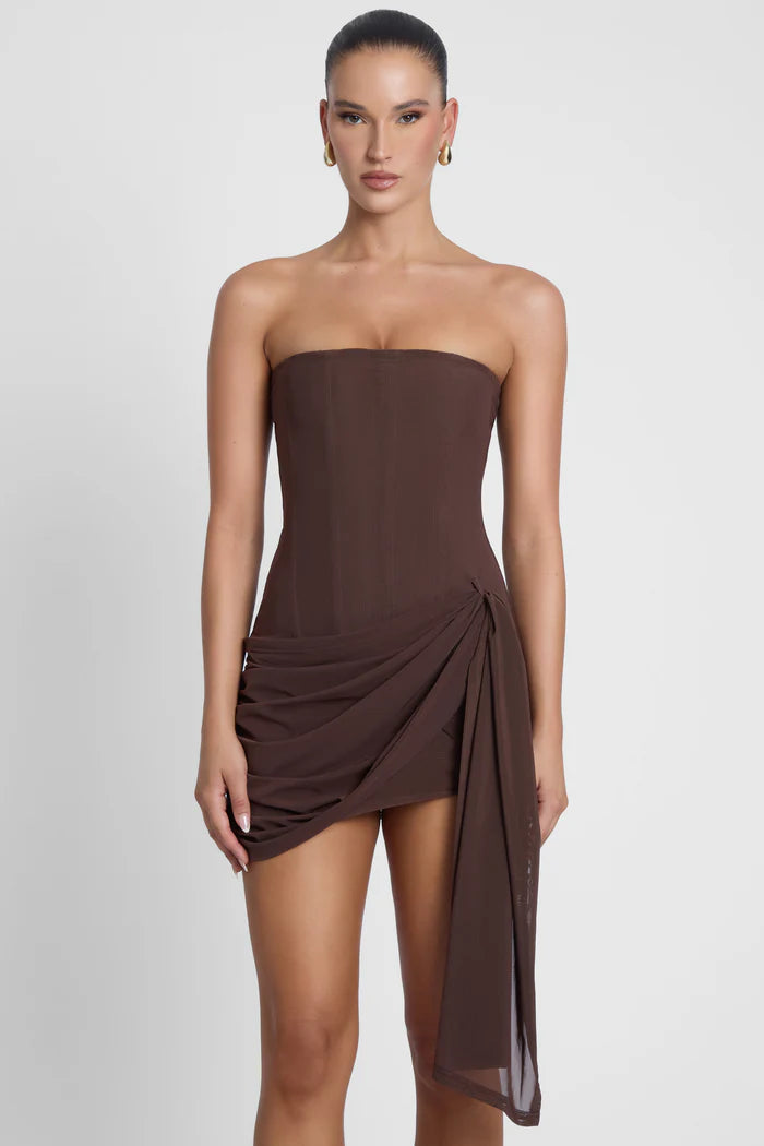 Leau Mira Mesh Corset Mini Dress Brown