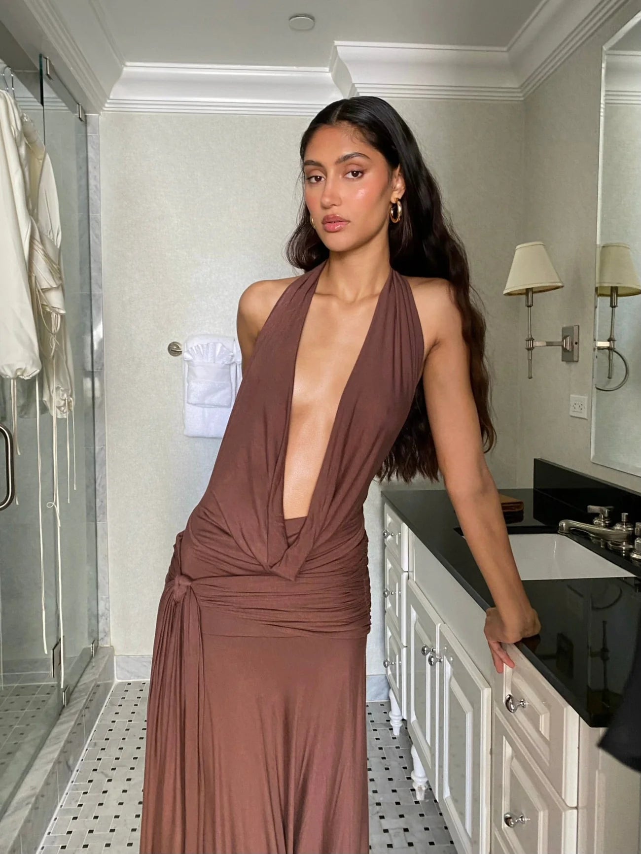 Cherie Attire Evelyn Halter Maxi Dress Brown